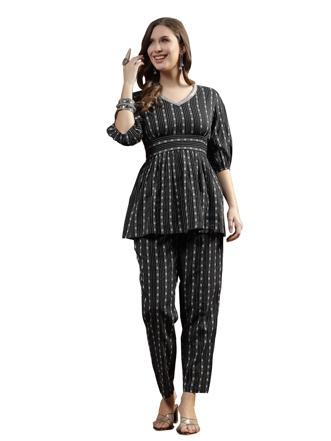 Stylum Women's Woven Design Cotton Co-Ord Set (Csramyablack42_Black, Xl)