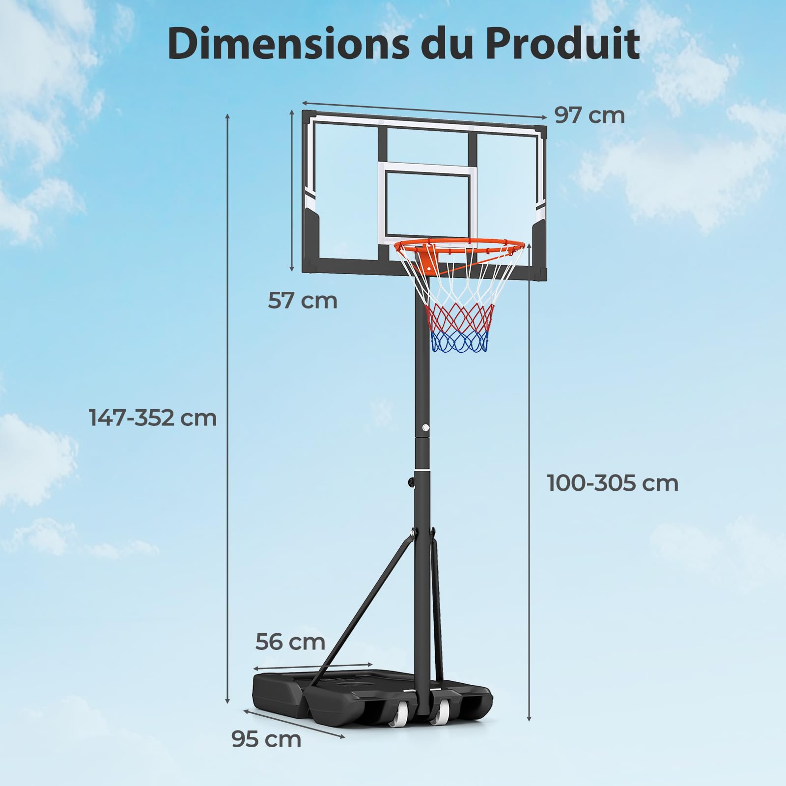 GYMAX Panier de Basket Mobile Portable pour Enfants Adultes, 18 Hauteurs Réglables 100-305cm, Utilisation Intérieure et Extérieure, Base Remplissable d'eau ou de Sable, Panneau Incassable