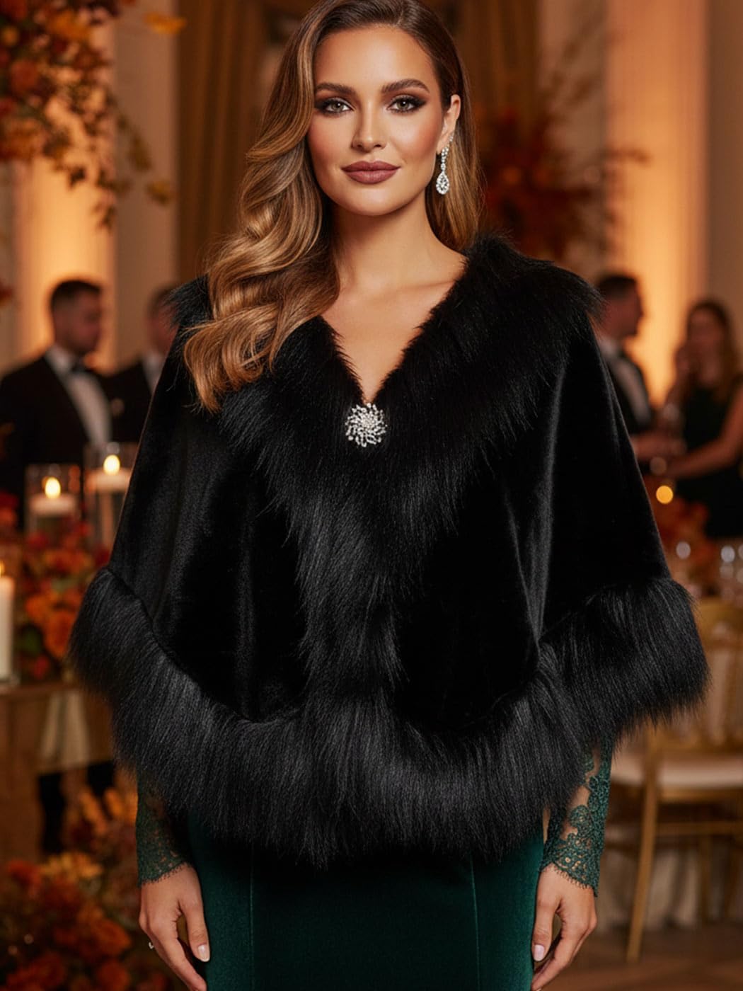 Aukmla Wedding Faux Fur Shawls and Wraps Bridal Fur Coat Winter Cape Stole with Rhinestones Brooch for Brides and Women - Image 6