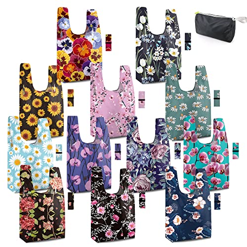 BeeGreen Large Flower Tote Bag - 12 Pack Heavy Duty Reusable Grocery Bags and Foldable Shopping Bags for Groceries Cute Travel Reusable Gifts Lightweight Washable Cloth Bag With Handles for Women