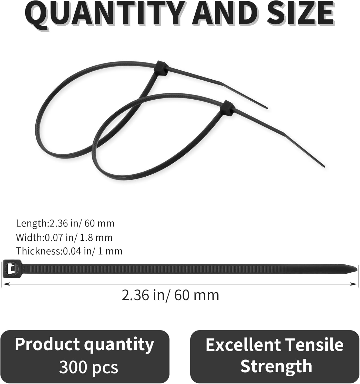 300 pcs 2.36" Length 0.07" Width 0.04" Thickness (60×1.8×1mm) Nylon PA66 Zip Ties,Plastic Self-locking Cable Ties,Multi-Purpose Cable Wire For Automotive Parts Outdoor Fences