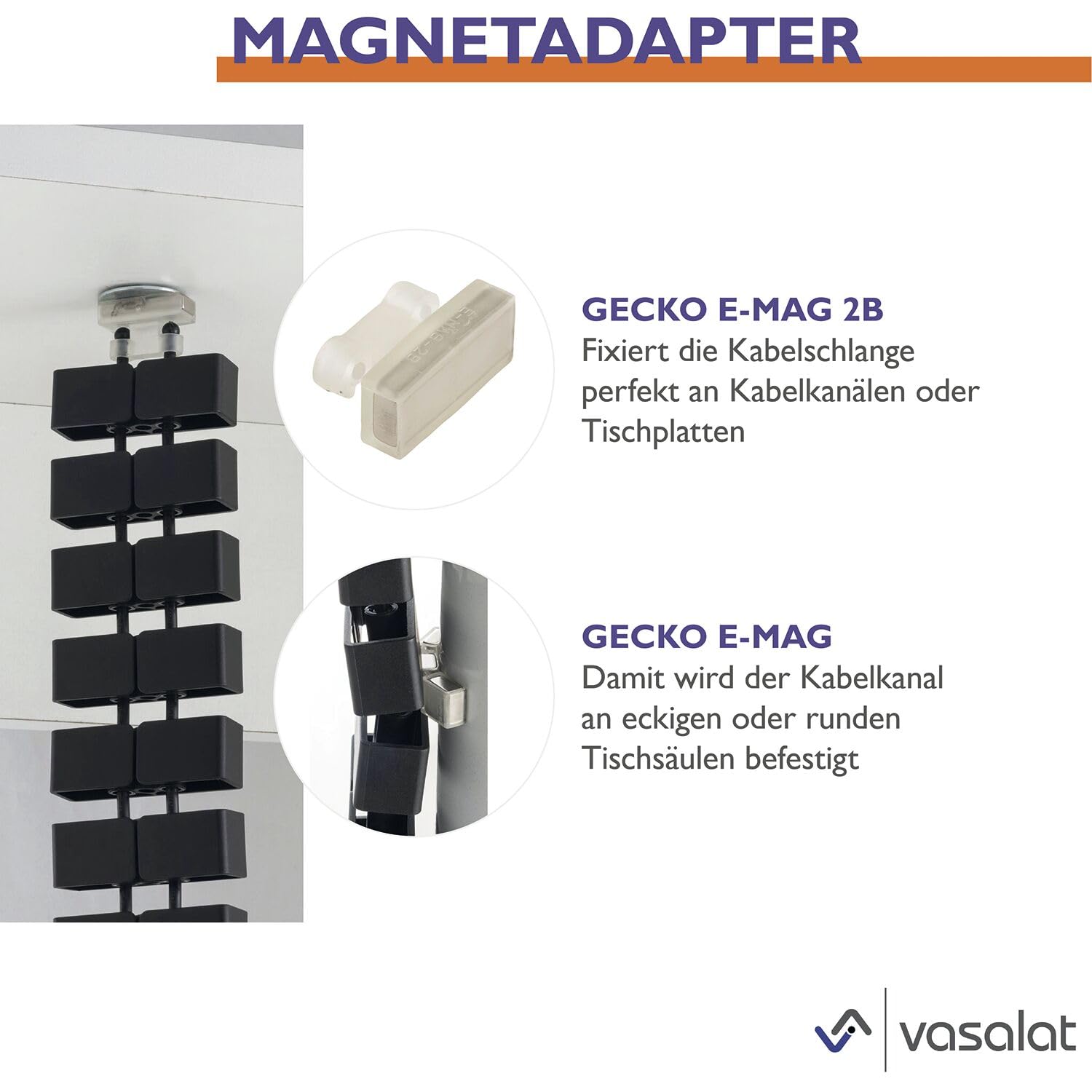 vasalat Set completo di passacavi da scrivania, con passacavi, 90 x 90 mm, canalina magnetica per cavi, clip di fissaggio e magneti, colore alluminio, lunghezza 580-750 mm