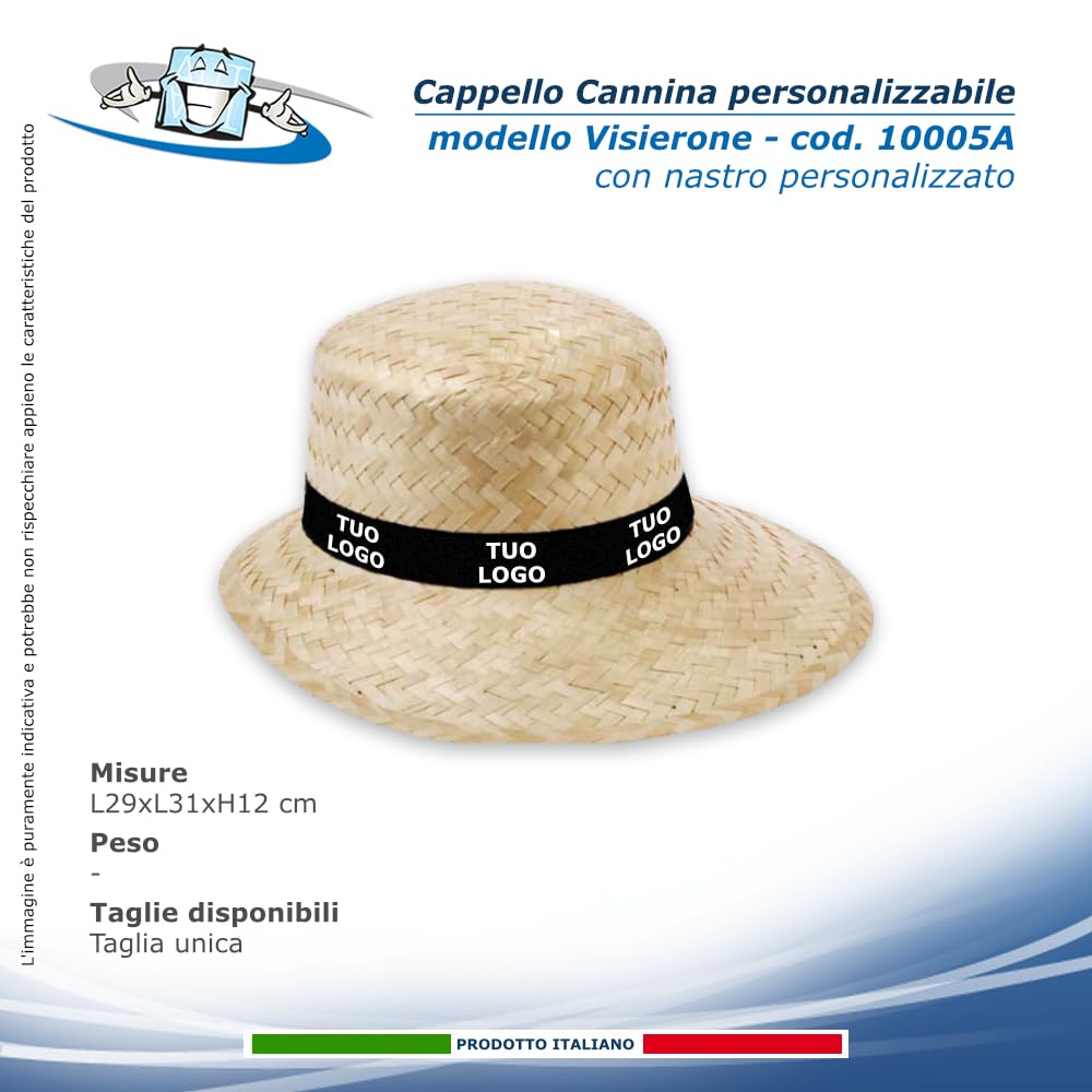 300 Cappelli personalizzati in Cannina 100 % Paglia Naturale disponibili 11 Modelli: Alpino, Cowboy, Borsalino, Pastorella, Indiana J., Gondoliere, Texano, Bombetta, Cubano con nastro personalizzato