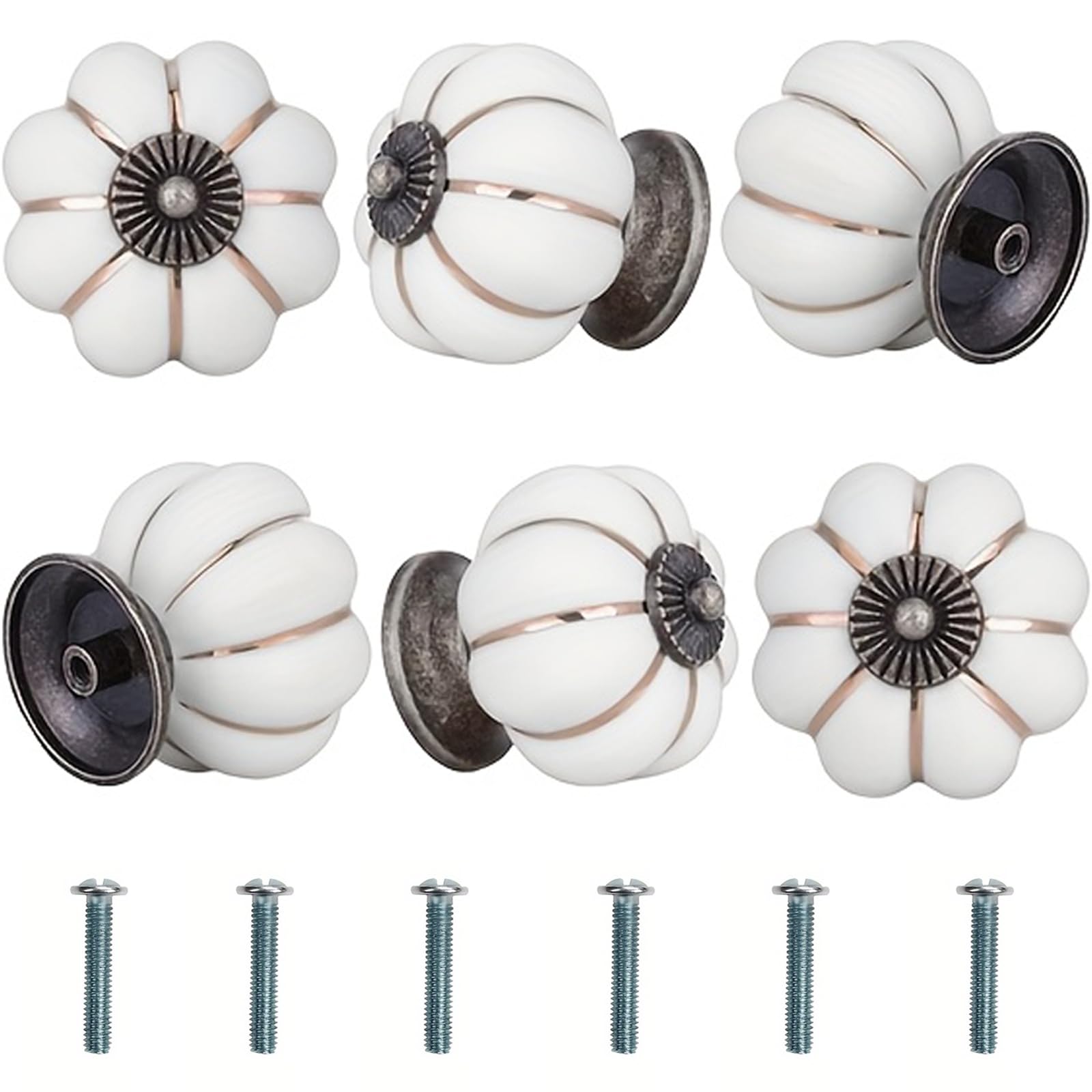 Bikasun 6 Pezzi pomelli per mobili a forma di zucca bianchi, pomelli vintage in ceramica bianchi, pomelli per armadi con viti, pomelli per cassetti per armadi, maniglie decorative per mobili