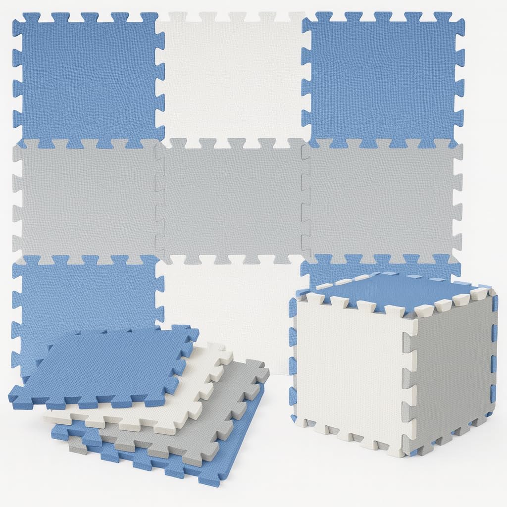 Tappeto Puzzle Bambini in EVA Antiscivolo – 18 Pezzi Blu e Grigio 29,5x29,5 cm, Morbido e Atossico, Tappetone Gioco per Gattonare, Certificato CE, WELLDER