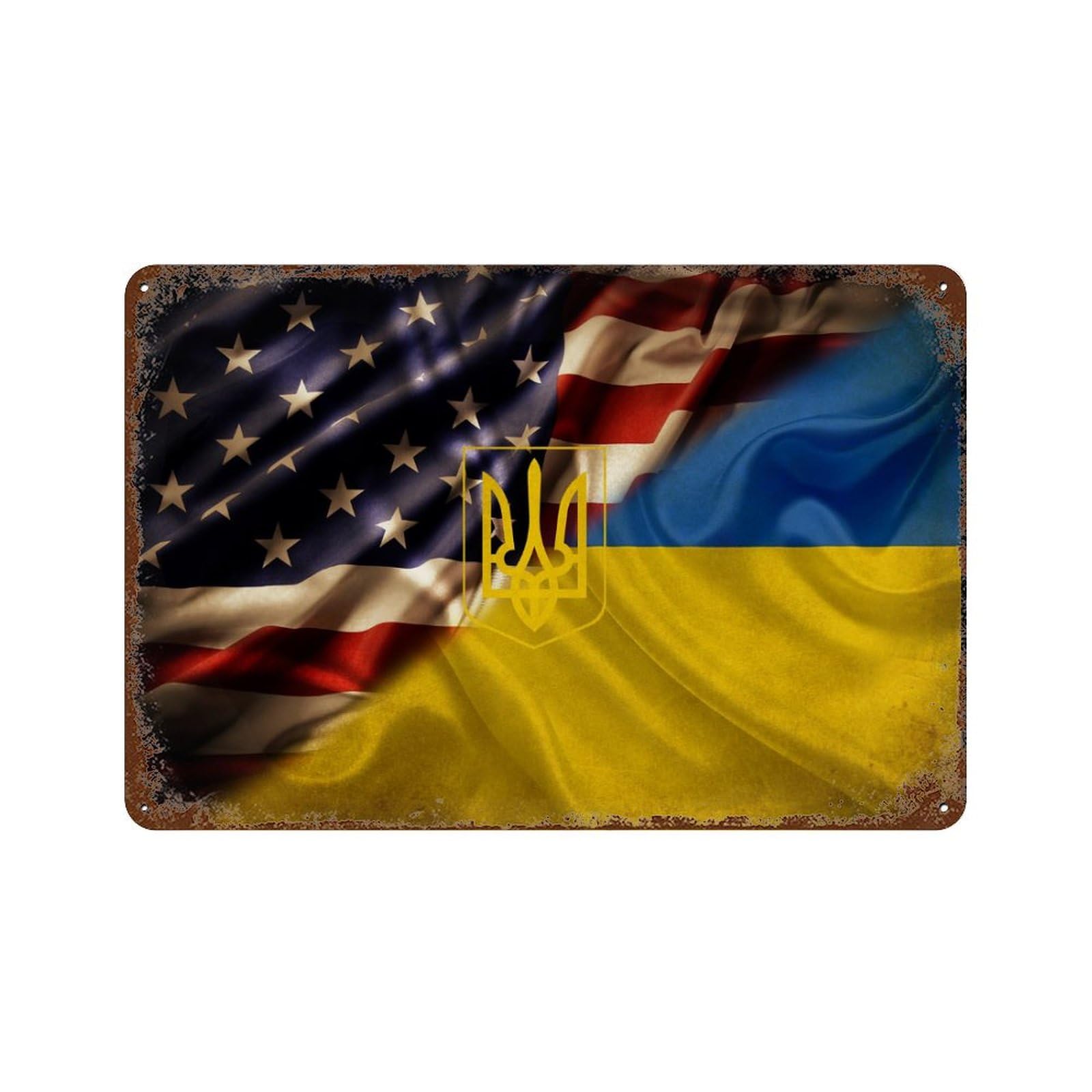 KWQDOZF Combined Ukraine And USA Flag Theme Metal Tin Sign,Vintage Iron Hanging Plate Horizontal with Rust Poster Wall Decor 8x12inch