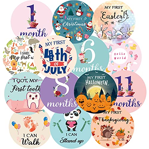 Image of Baby Milestone Cards,Milestone Wooden Circles,Baby Months Signs,Monthly Milestone Wood Discs,Double Sided Printing,Set of 13