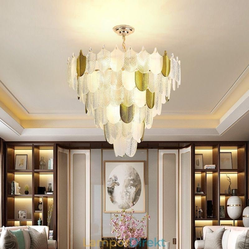 Image of 600MM Chandelier for Living Room | Cascading White & Gold Leaf Panel Design in Tiered Style | Smart Control, Alexa & Google Assistant | 3 Color LED Jhumar Ceiling Light for Dining Hall