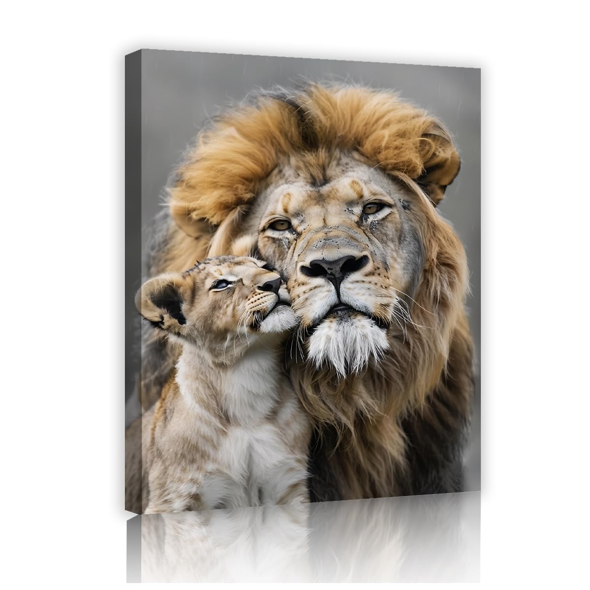 YUNART Lion Wall Art Canvas Prints Lion and Cubs Prints Wild Animal Poster Cute Animals Cuddling Pictures for Living Room Office Decor 70x90cm Innerframe