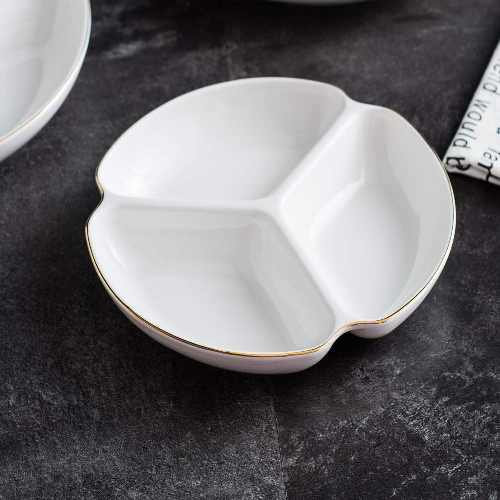 XinHuiGY Porcelain Divided Serving Dishes,Ceramics Round Relish Tray,Compartment Serving Bowls With Gold Edged for Party Perfect for Chips and Dip, Veggies, Candy and Snacks White 7 inch