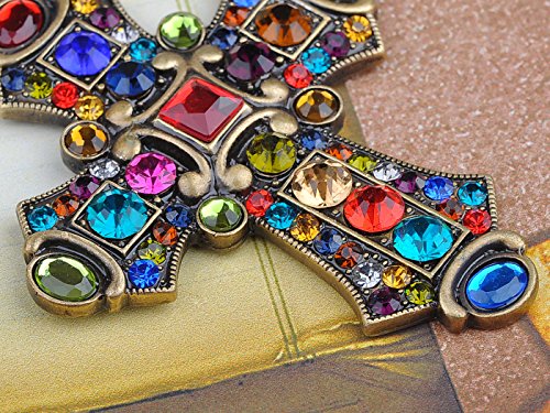 Image of Alilang Ornate Antique Golden Tone Colorful Rhinestone Cross Pendant Necklace