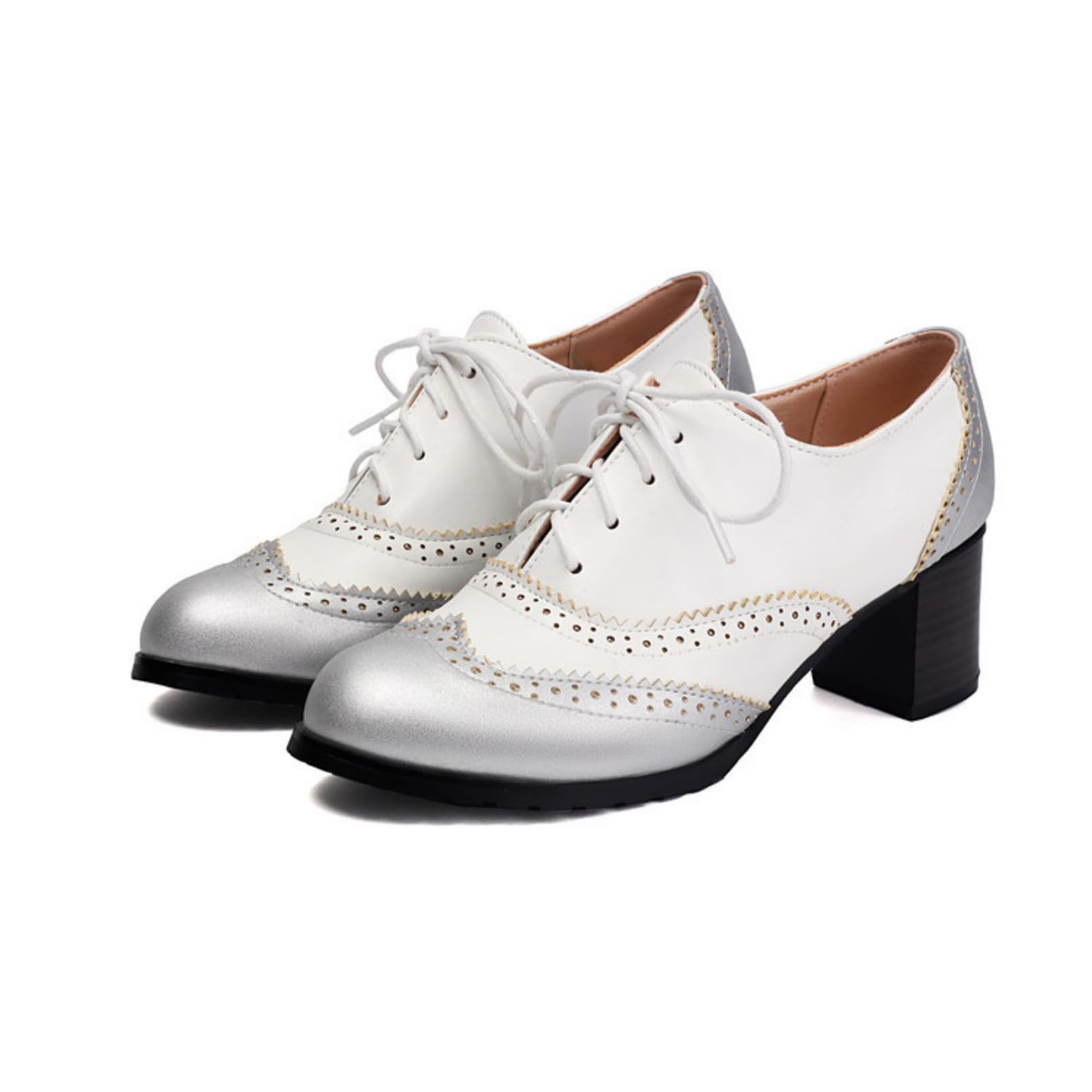 Donna Chiusa Punta Tonda Scarpe Oxford Allacciare Vintage Brogue Décolleté Tacco Grosso Formali Scarpe da Vestito