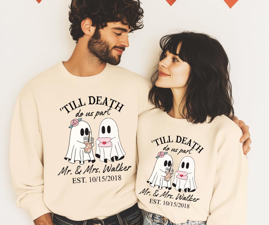 Till Death Do Us Part Personalized Couple Sweatshirts – Matching His & Hers Halloween Pullover with Fun Ghosts, Custom Mr & Mrs Names and Date, Wedding Anniversary or Engagement Gift White3