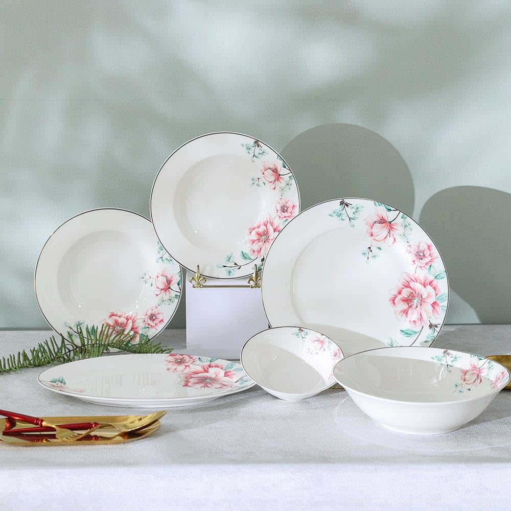 Danube Home Beyonce Hibiscus 26-Piece New Bone China Dinner Set Serve 8 | Floral Print Dinner Plate, Soup Plate, Salad Bowls, Oval Platter | Dishwasher Safe Dinnerware Set For 8 | 26 Pcs - Red