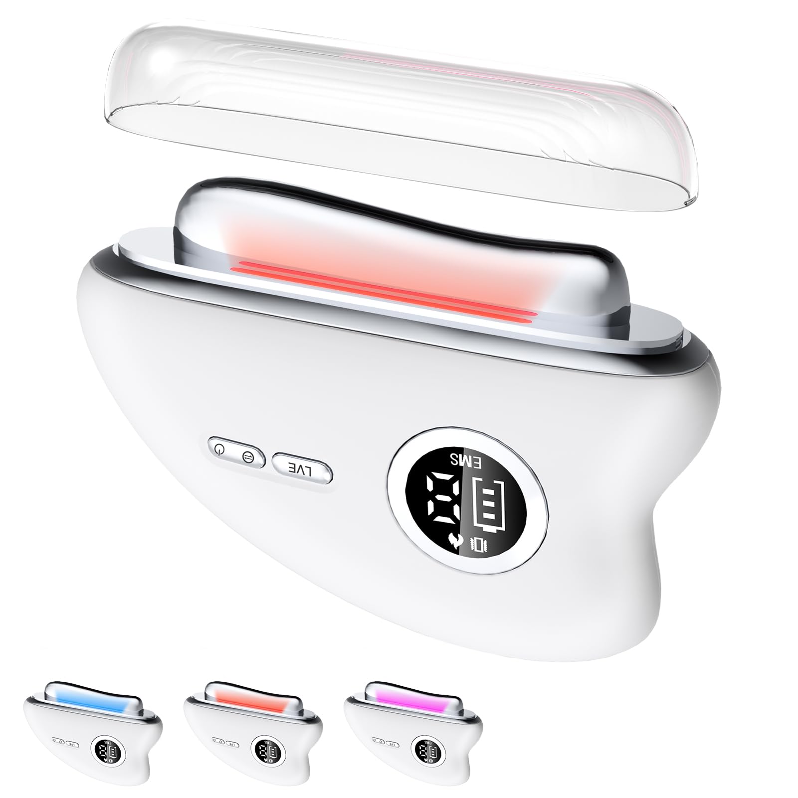 Masajeador Eléctrico Gua Sha para Facial y Cuello, Masajeador Cara Vibratorio Corporal con Terapia de Calor de 40-50 ℃, 3 EMS | LED- Luz Roja, Azul y Violeta | Antiarrugas Lifting Anti-envejecimiento