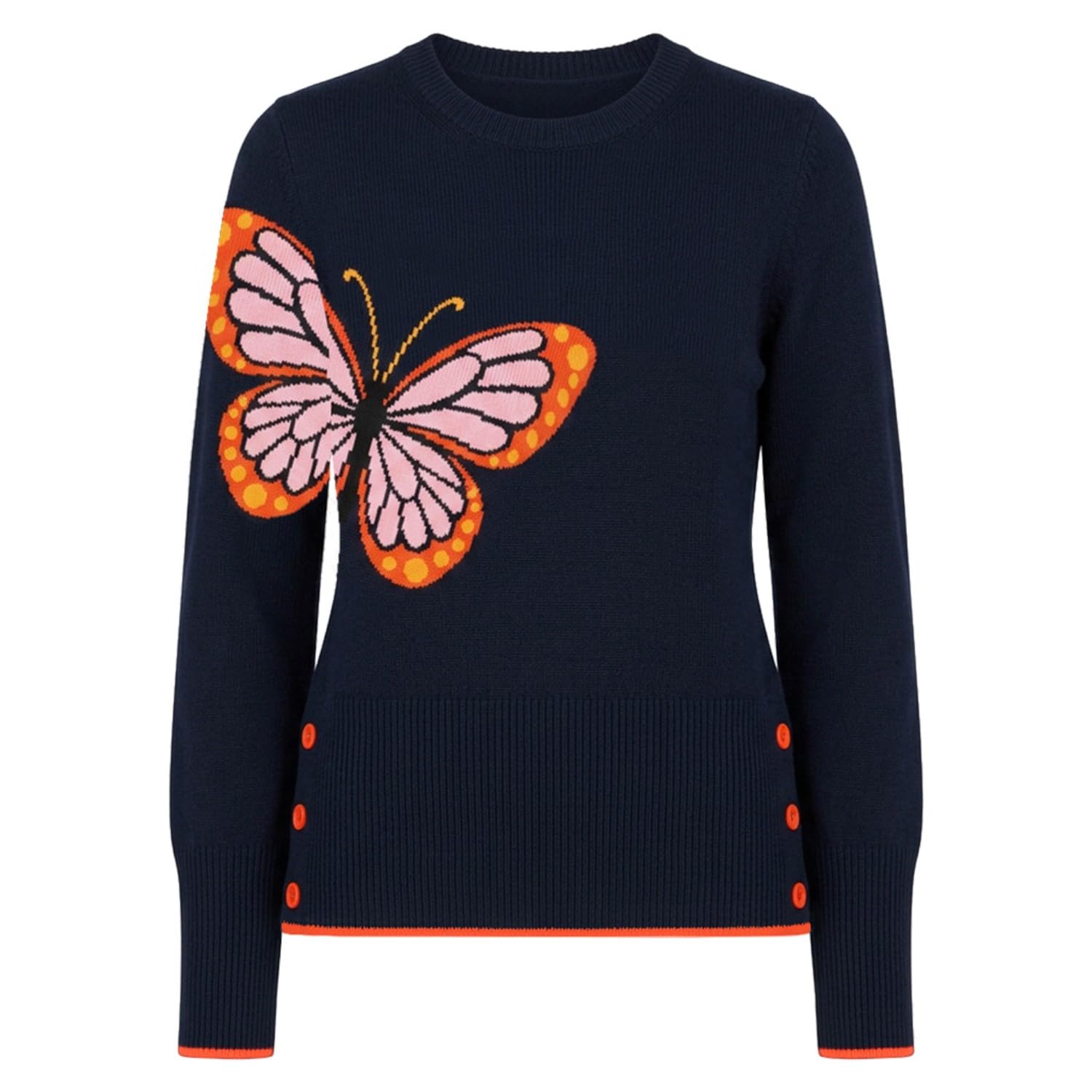 OXKnit Damen Strickpullover 60er Retro Sweater mit Schmetterling Knöpfe