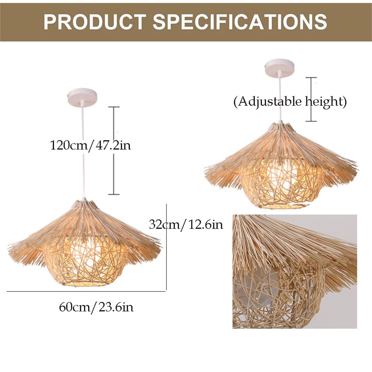 Lampada A Sospensione In Vimini Con Paralume In Rattan, Paralume Intrecciato A Nido D'uccello 19,7 Pollici, Lampadario In Vimini Intrecciato A Mano A 1 Livello In Rattan Bohémien