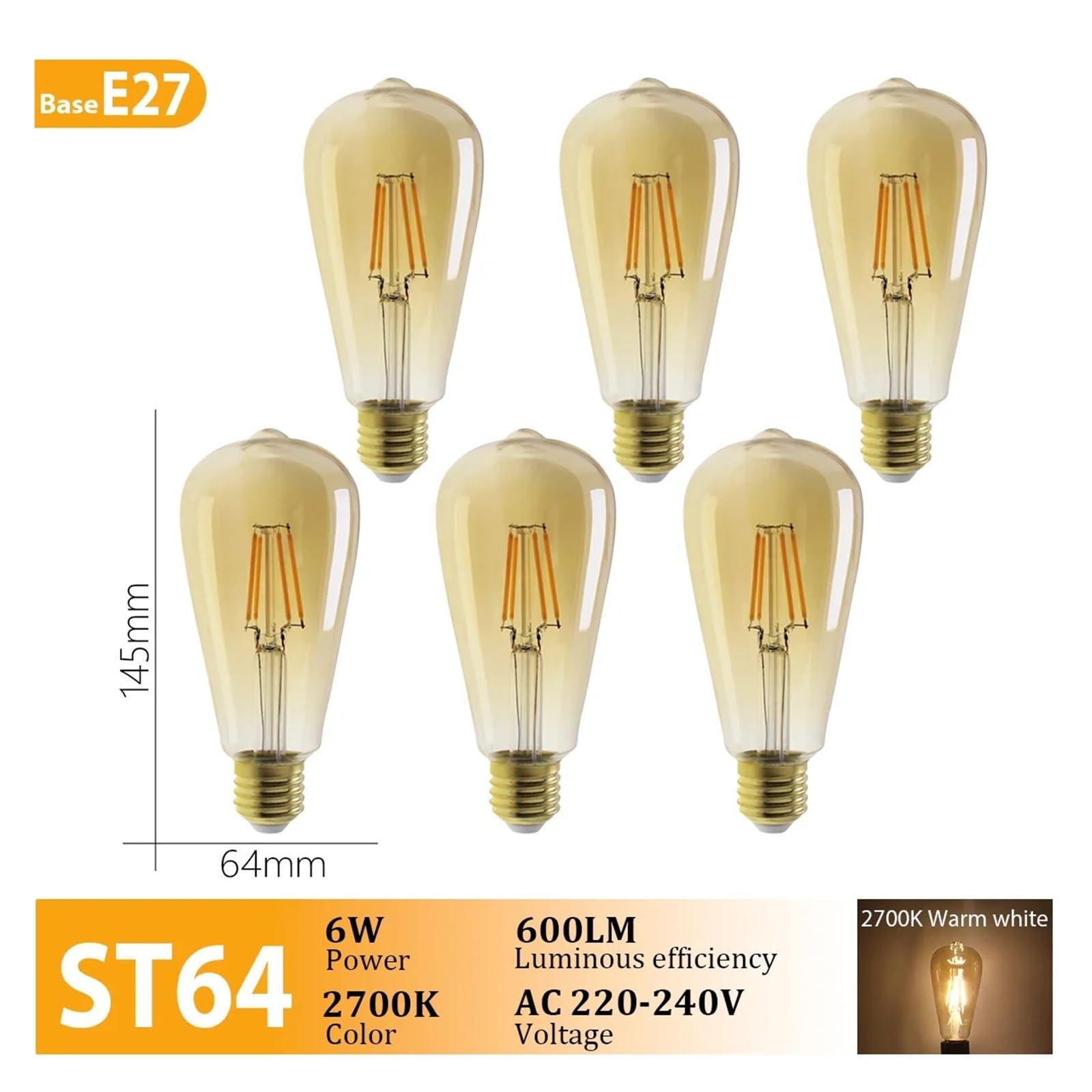 Genérico Bombillas de filamento LED E14 E27 6 piezas en lámparas retro G80/G95/G125-4W/9W, 220V, 2200K 3000K 4000K
