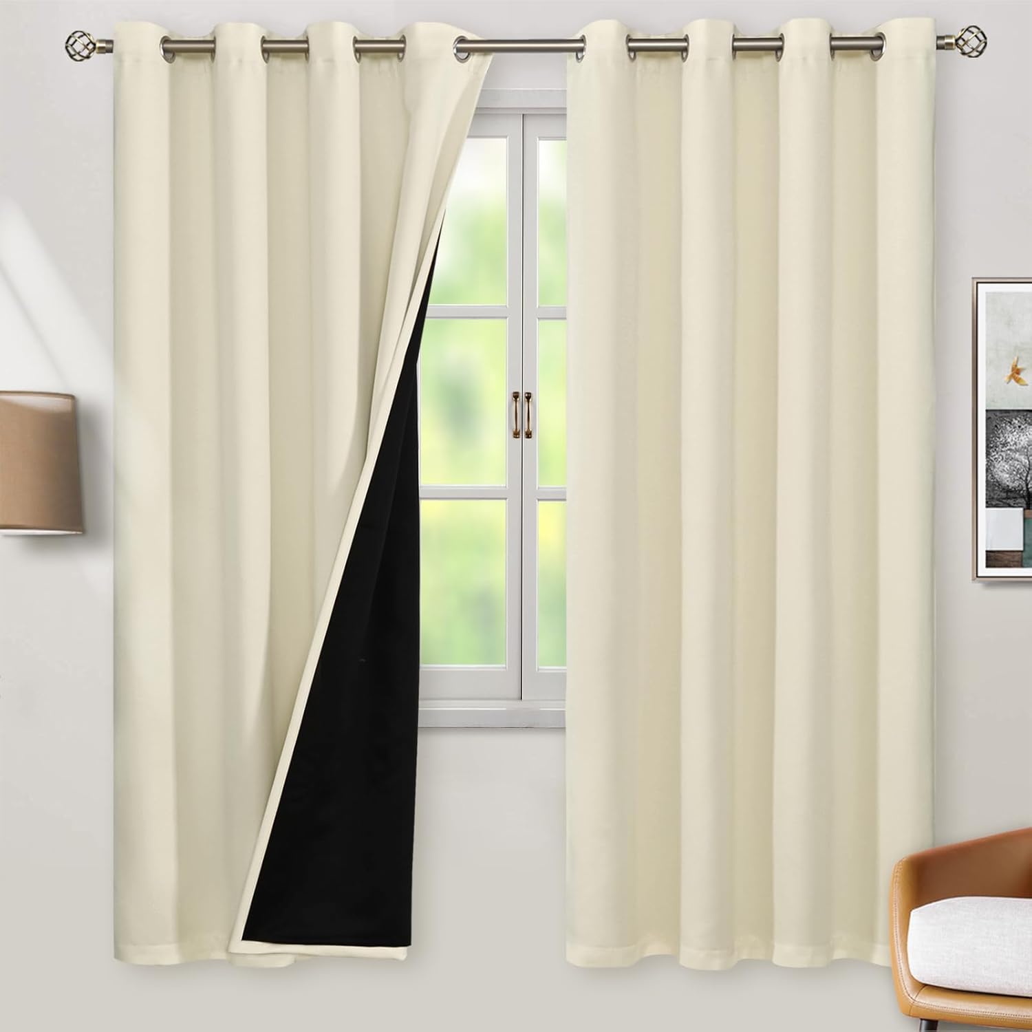 BGment Cream 100% Blackout Curtains for Living Room 72 Inch Length 2 Panels, Thermal Insulated Full Light Blocking Grommet Soundproof Window Drapes for Bedroom with Black Liner, 52 Inch Wide Each
