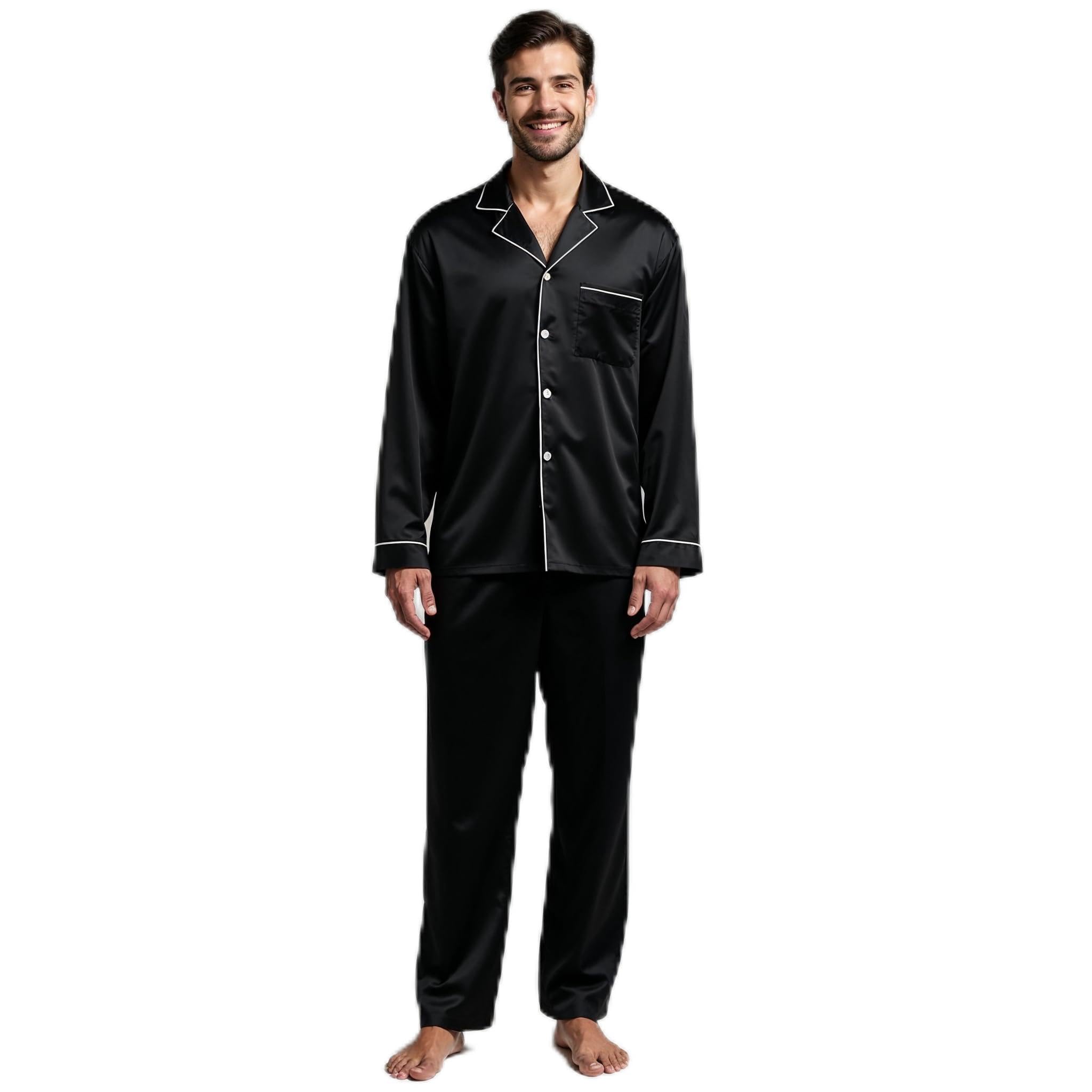 Men's Full Sleeve Silk Pajamas – Black Nightwear – Luxurious, Lightweight & Comfortable Loungewear-image-41