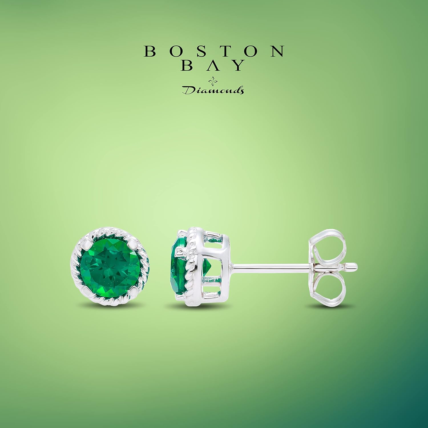 Boston Bay Diamonds 925 Sterling Silver Birthstone Gemstone Rope Halo Solitaire Stud Earrings
