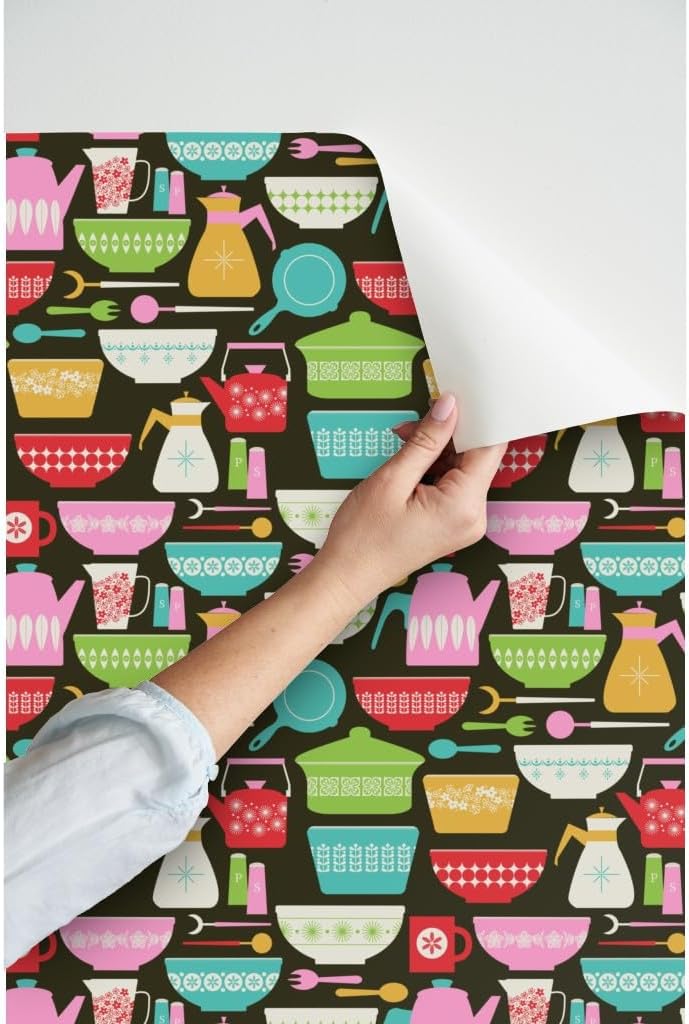 Peel & Stick Wallpaper 3ft x 2ft - Vintage Kitchen Bright Pink Green Blue Red Retro 1950S Custom Removable Wallpaper by Spoonflower