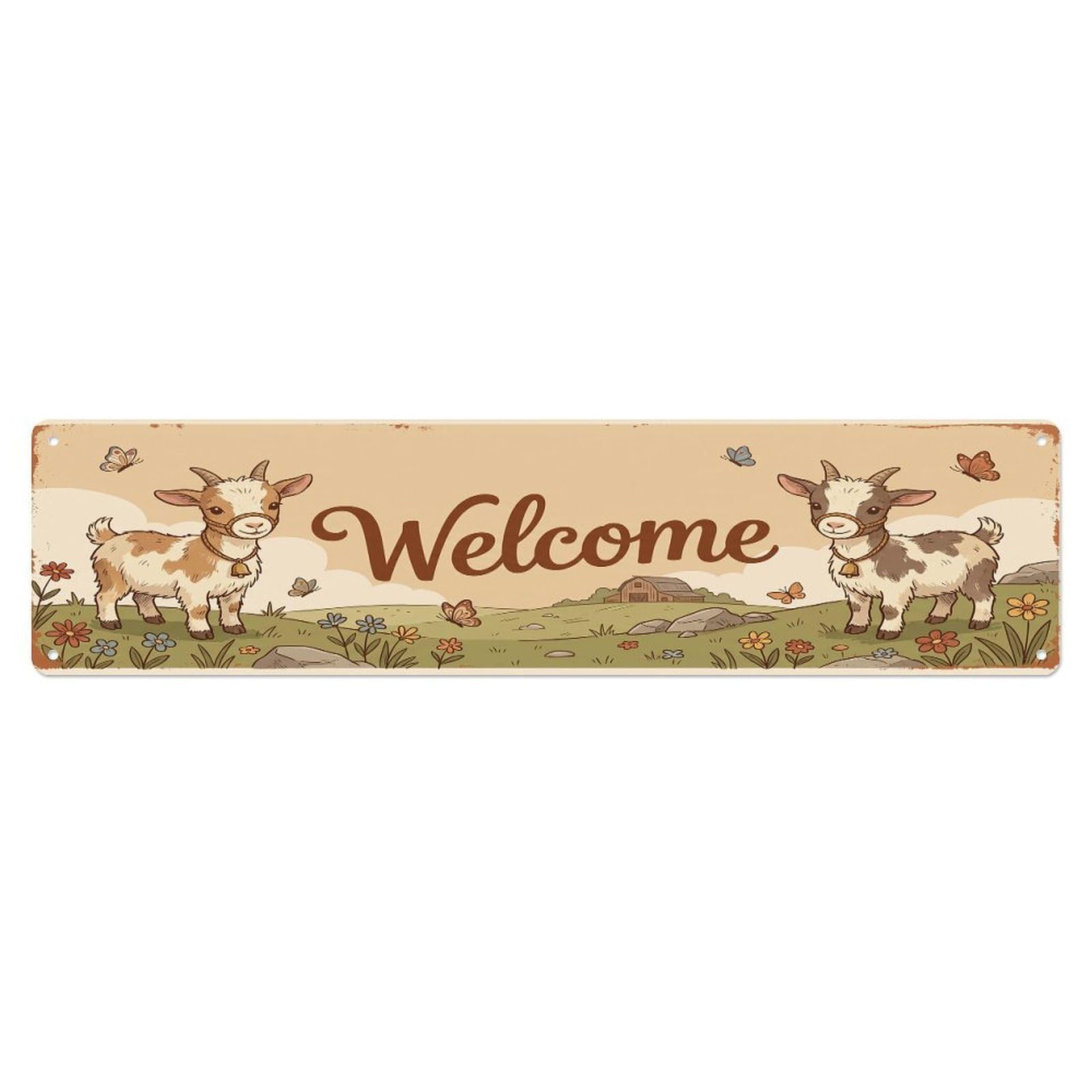 Cxhjca 4X16inch(10X40cm) Vintage Welcome Kinder Goat Metal Tin Sign