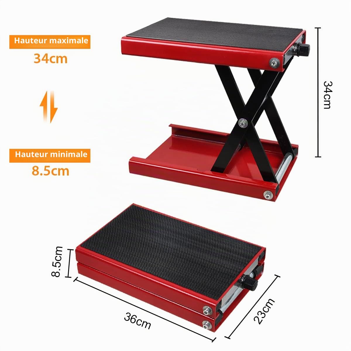 Cric de Moto Levage 500 kg 1100lbs Hauteur 8.5-34 cm Pont Élévateur Ciseaux Moto en Acier Plate-Forme Élévatrice Moto Dimension Lève Moto Sécurisée Table Élévatrice Moto Réparation Quad