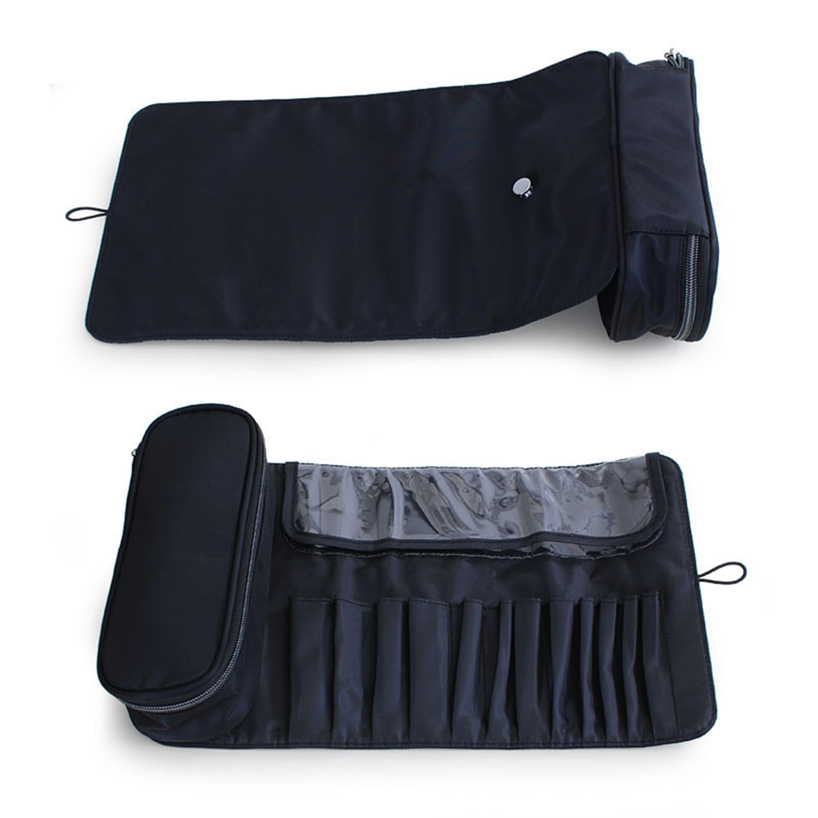 Borsa per Pennelli da Trucco Organizer con 12 Tasche Arrotolabile per Cosmetici e Truccatori, Accessorio Professionale per Donna (Nero)
