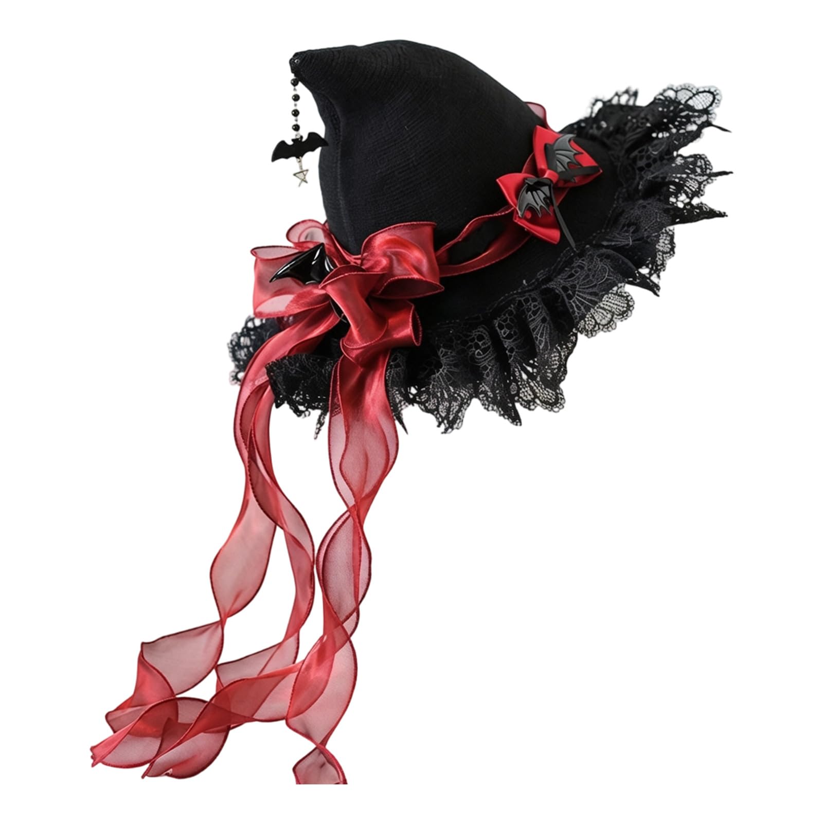 Witch Headwear for Adults, Pointed Gothic Halloween Hat with Lace Trim and Ribbon Detail for Party Wear Gothic Costume Headwear Seasonal Party Cap Lace Brim Adult Cosplay Accessory Pointed Halloween