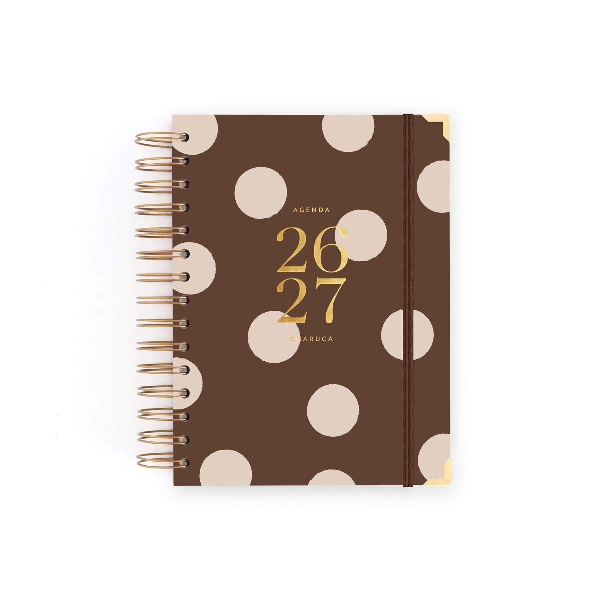 Agenda Charuca 26-27 Académica VISTA DIARIA - Tapa Dura con Detalles Dorados, Tamaño MEDIANA - Incluye BOLSA de Tela PROTECTORA y Marcapáginas - Hecho en España. (CHOCOLATE LOVE)