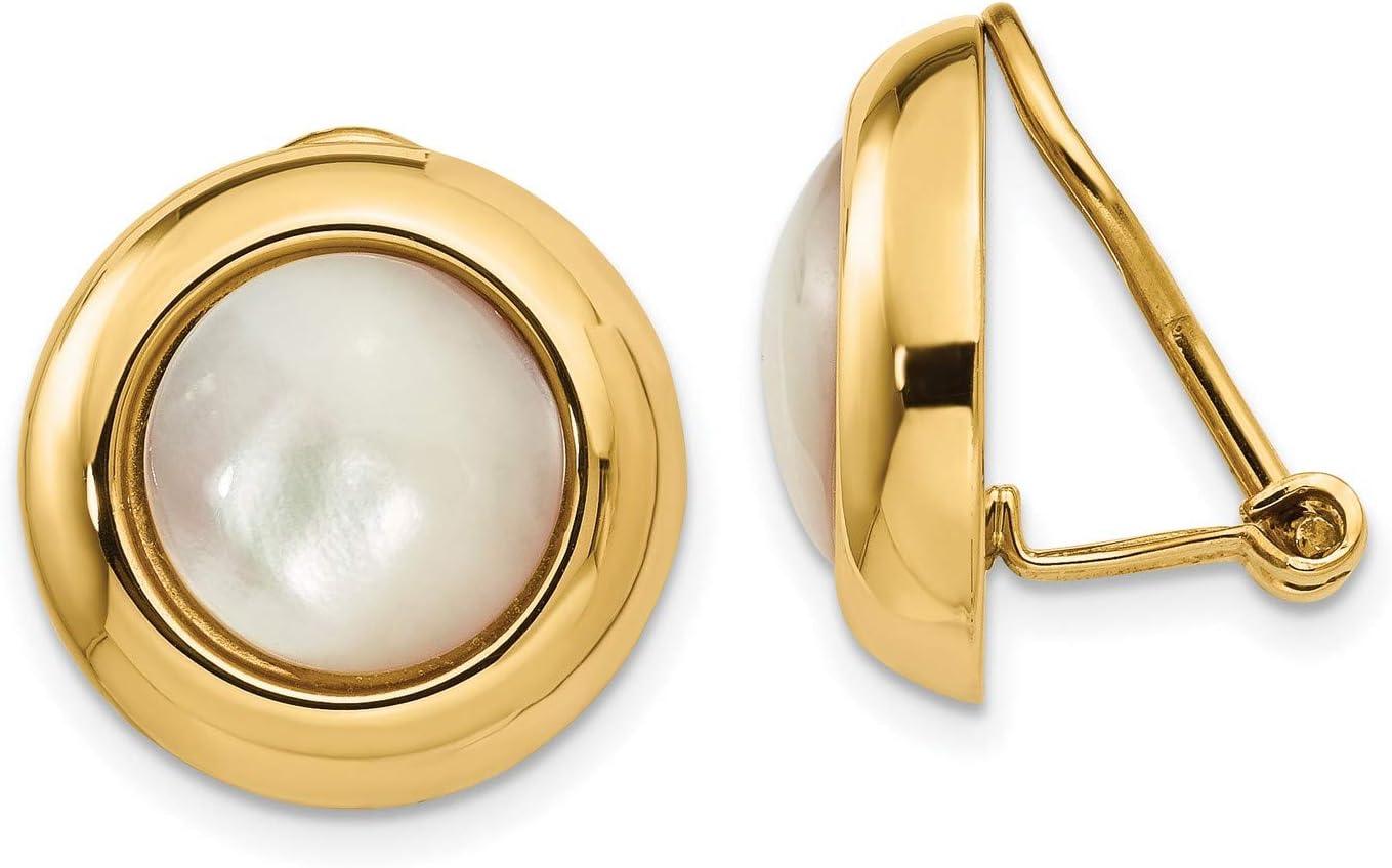 14k Yellow Gold Clip-On Earrings for Women with Round White Mother of Pearl Centers, Non-Pierced Omega Back Elegant Earrings, Vintage Inspired Formal Jewelry for Wedding or Evening Wear 16x16 mm
