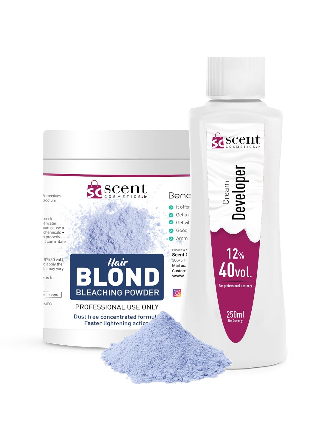 Scent Cosmetics Hair Bleach Kit 12% Developer (40 Vol) 250ml + Blonder Powder (90g) – Intense Lightening for Dark Hair-image-45