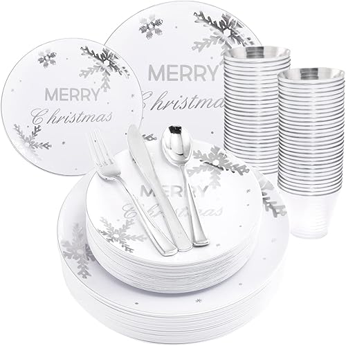 KIRE 25 platos de Navidad para invitados, platos de plástico blanco con copos de nieve plateados y cubiertos de plástico desechables plateados y
