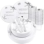KIRE 25 Guest Christmas Plates - White Plastic with Silver Snowflake Design, Disposable Silverware & Clear Cups for Christmas Party Supplies