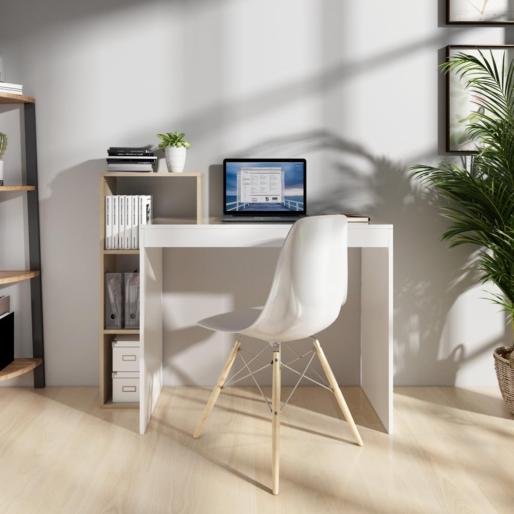 Mondeer Scrivani, Scrivania per Computer con Ripiani a 3 Livelli, Salvaspazio, per Ufficio Domestici Postazioni di Lavoro Camera da Letto Studio, 110 x 40 x 92 cm, Bianco e Legno