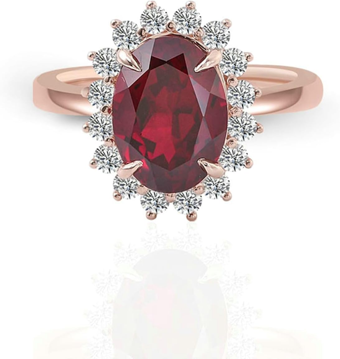 Daesar 14K Rose Gold Wedding Ring for Women, Promise Rings Halo Flower with Oval Lab Created Ruby 1ct-3ct and Moissanite Engagement Ring for Women Rose Gold