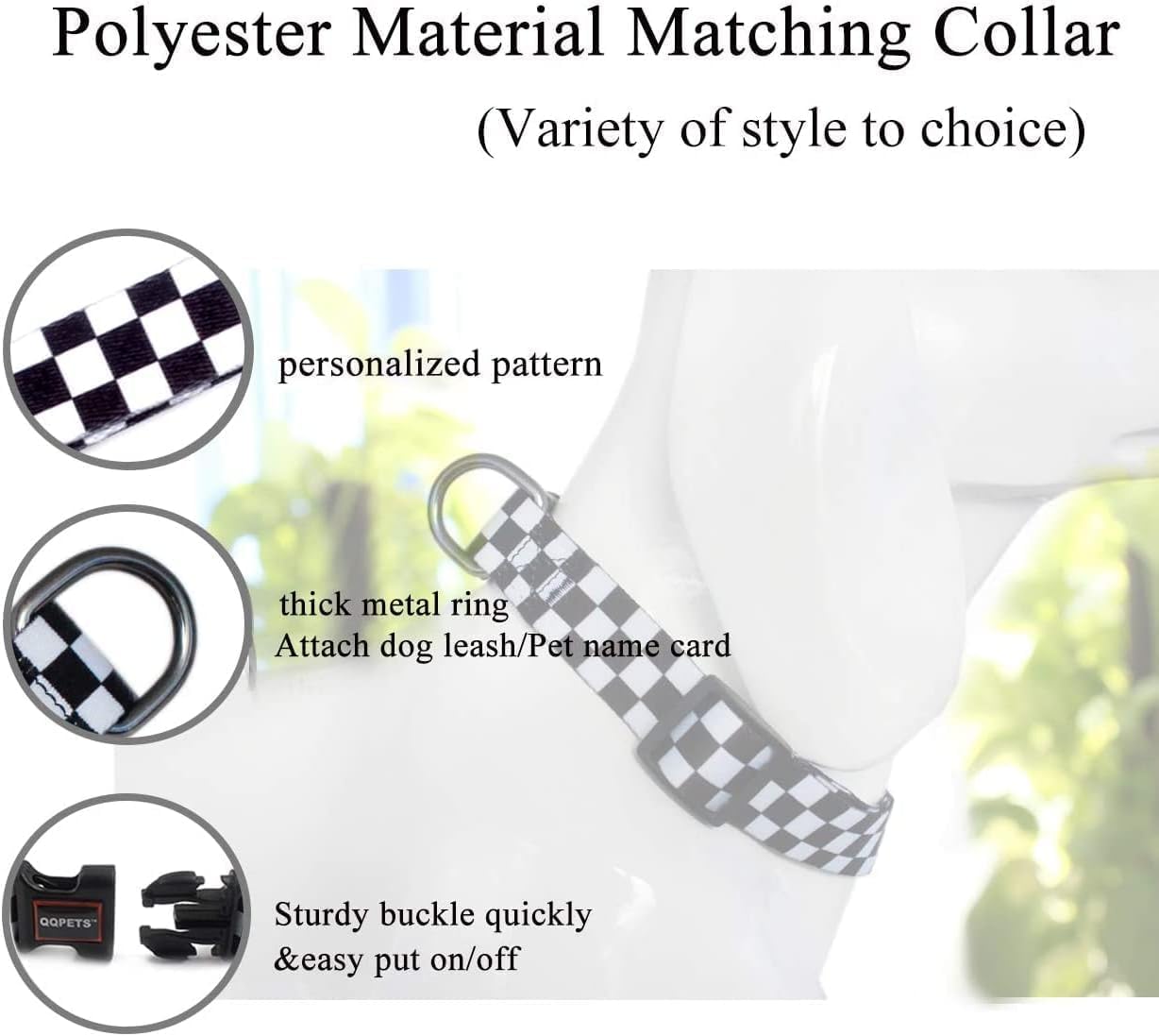 Roses&Poetry Dog Collar with Colourful Checkered Patterns, Adjustable Durable Puppy Collars for Small Medium Large Dogs (Black & White-M)