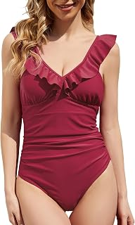 Wildbreath Women's One Piece Swimsuit Tummy Control Back Cutout Ruffled Strap V Neck High Waisted Bathing Suit Monokini