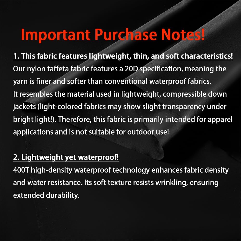 400T Black Matte Nylon Taffeta Fabric 60" Wide High Density Waterproof Soft Warm Nylon Fabric for Clothing Sewing Down Jacket Outdoor Interchange Jacket Children Cotton Coat,10 Yards