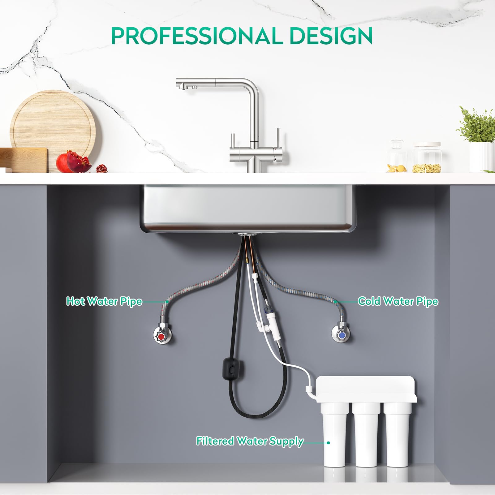 CREA Grifo de Cocina 3 Vías Ósmosis con Ducha Extraible,Grifo Monomando con 2 Palancas,360° Grifo De Cocina Para Filtro De Agua,Acero Inoxidable Cepillado