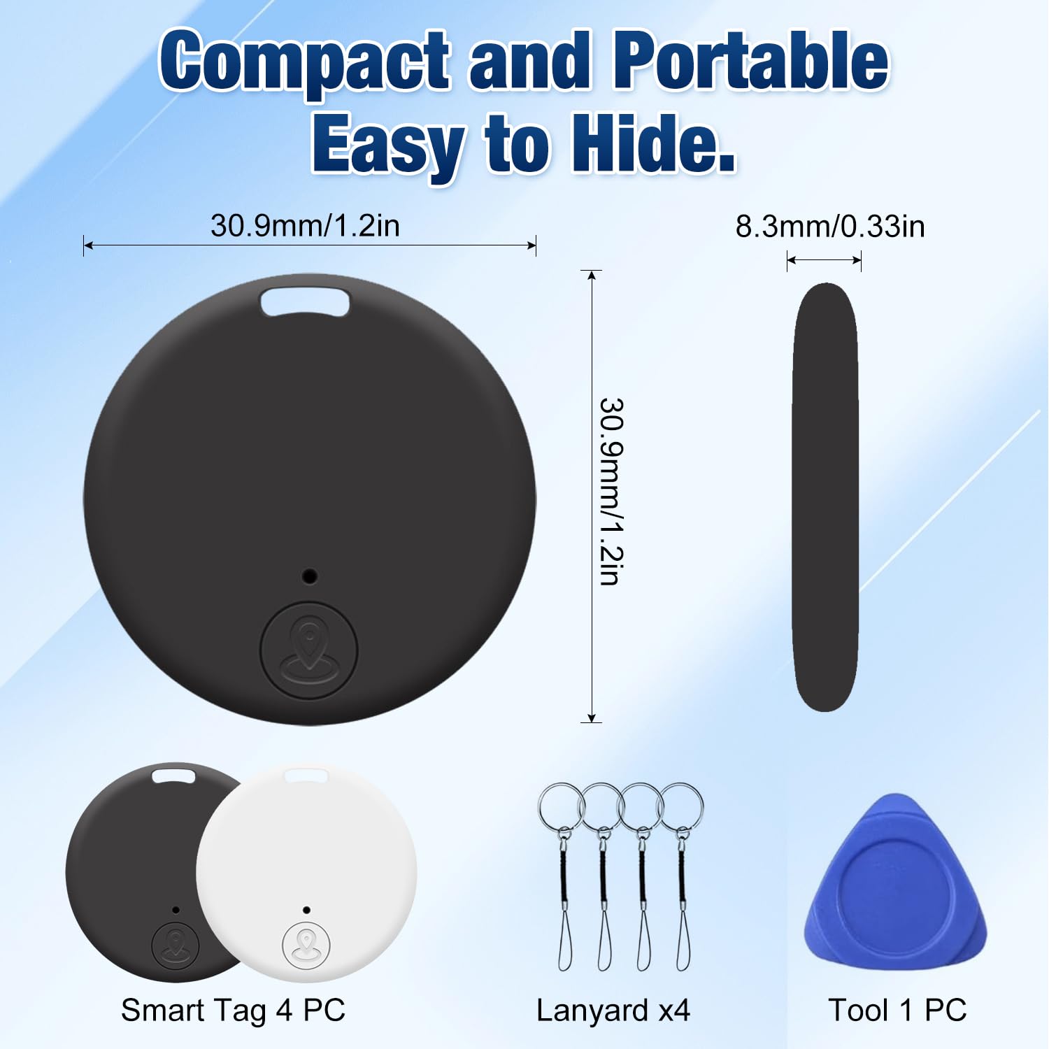 Lot de 4 étiquettes de suivi intelligent compatibles avec l'application Find My (iOS uniquement), localisateur intelligent de clés Bluetooth pour sacs, animaux de compagnie, bagages, portefeuille