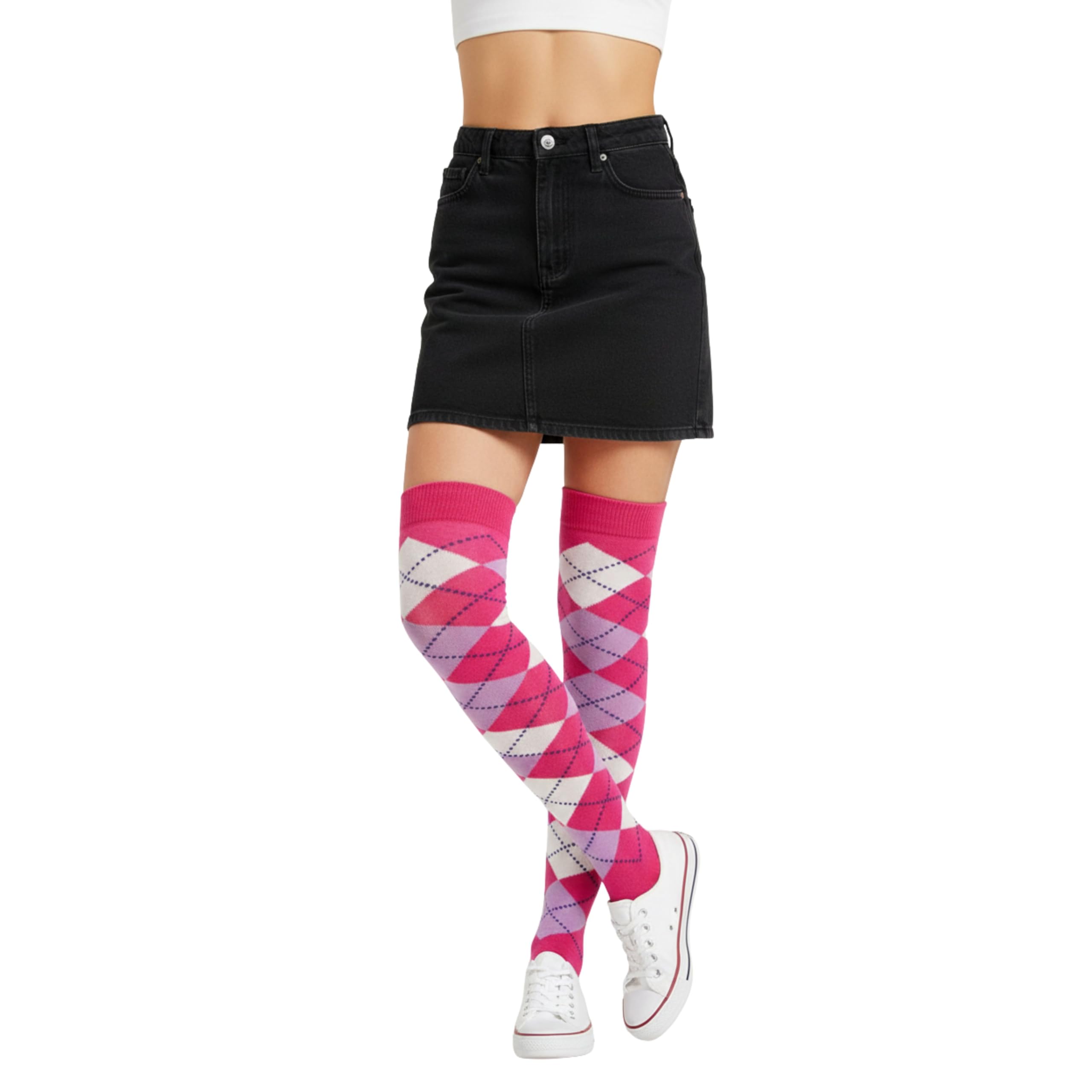 ShopMCR Pink & Purple Argyle Over Knee Socks (Pack of 4) UK 4-6 | Non-Slip Thigh High Diamond Pattern Stockings | Uniform & Cosplay (4-6, 4P, PK/PR)