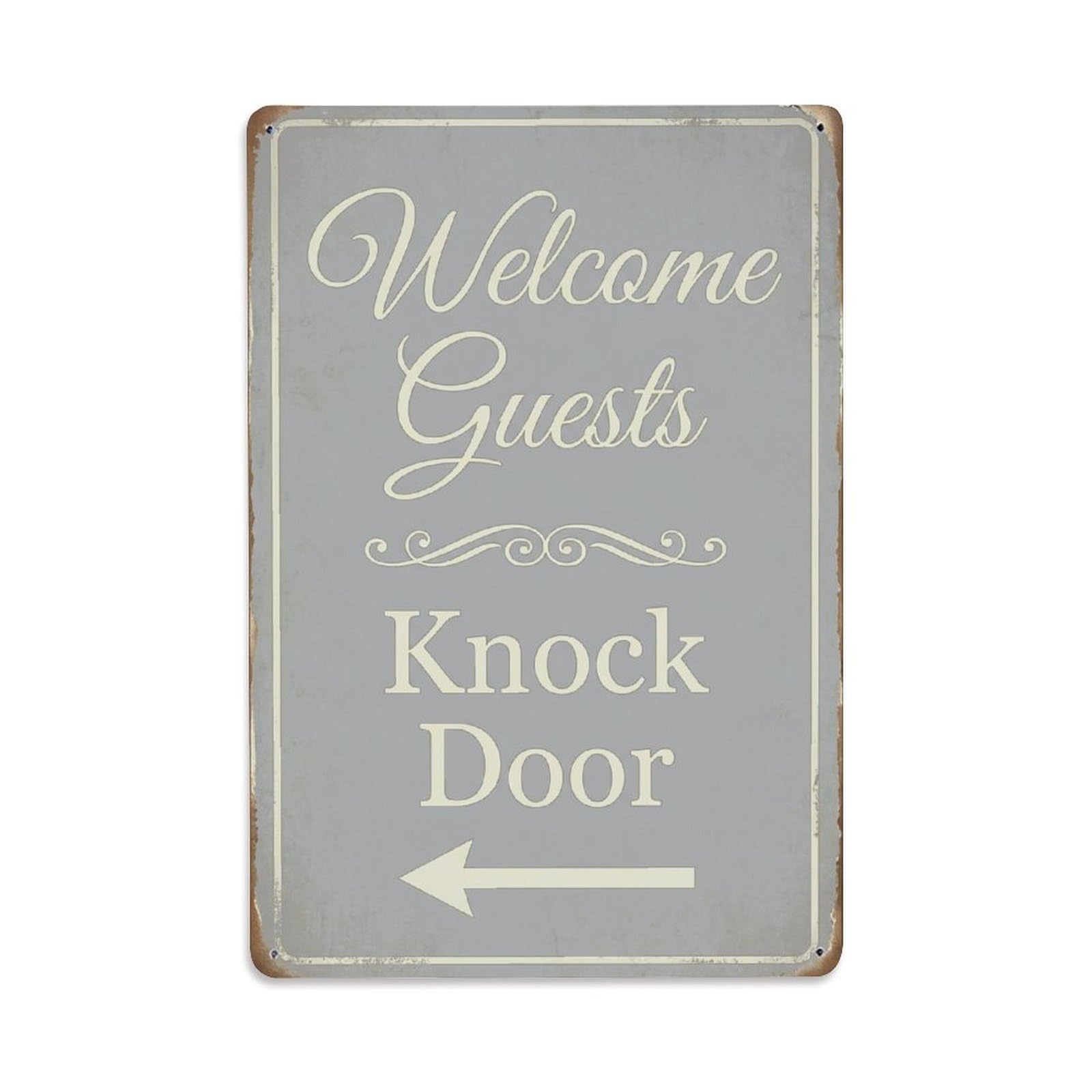 Vintage Welcome Guests Knock Door Arrow Scroll Metal Tin Sign