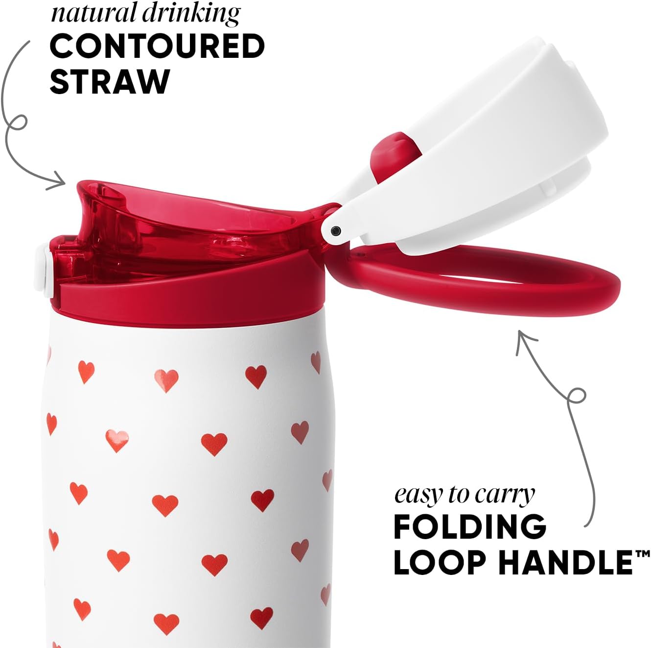 Simple Modern Valentine's Day Mesa Loop Water Bottle with Covered Straw and Handle | 30oz Cup Holder Friendly Insulated Stainless Steel Bottles for Travel, Sports and School | Crimson Hearts - Image 2