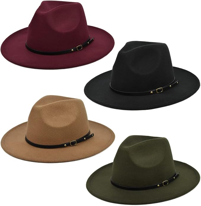 Women Classic Wide Brim Fedora Hat, 4 Pack Retro Panama Hat Wool Fedora Hat with Belt Buckle
