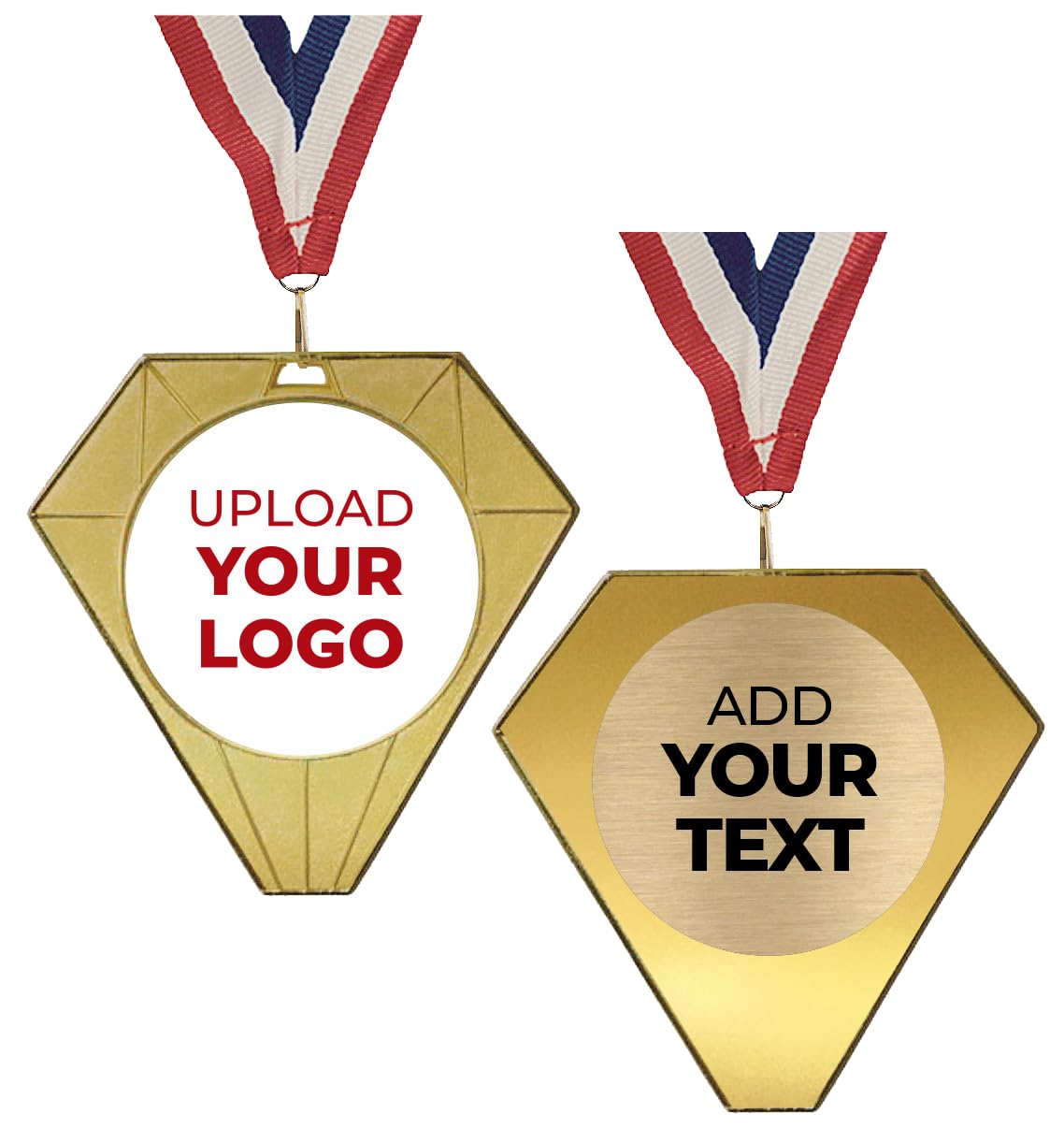 Personalized Award Medals with Logo and Text on Back | Design Your Own Customized Medallions for Kids and Adults | Team Medals for Awards | Gold Diamond Shaped Medallion with Neck Ribbon Included (1)