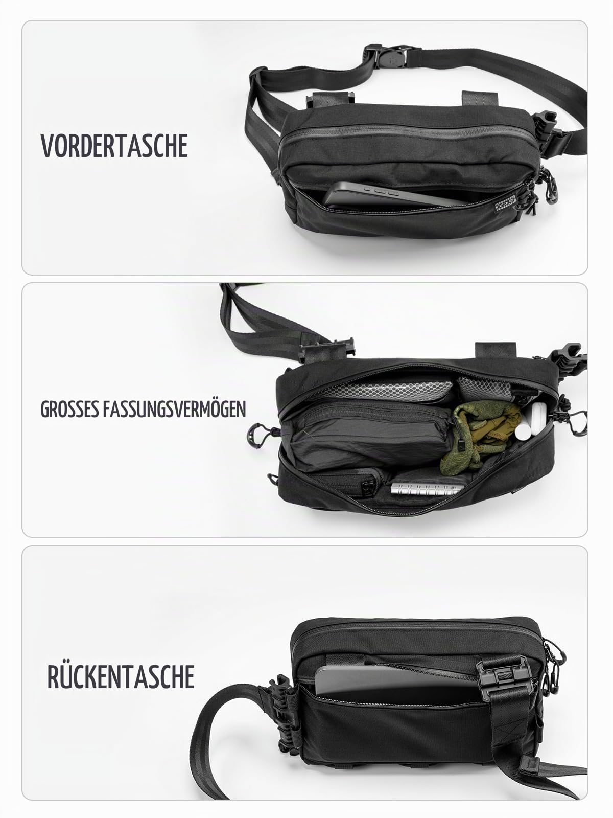 TACTICAL_GEEK Cache L4 EDC Sling-Tasche, Leichte Umhängetasche, 2.9L Hochkapazitäts-Reisebrusttasche, Ein-Träger-Rucksack für Freizeitreisen, Wandern und Outdoor-Sport, Schwarz