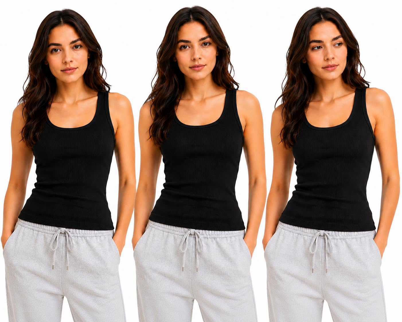 Women Ribbed Tank Top Pack of 3 Black Sleeveless Stretchable Casual Camisole Tank Top for Girls & Women Summer Gym-image-30