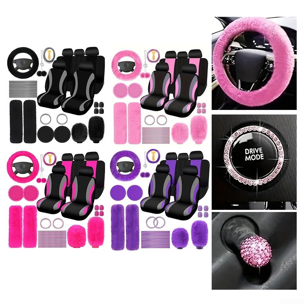 Set di accessori per interni auto in peluche con coprivolante, freno a mano e rivestimento del cambio, coprisedili in finta lana, design rosa rosso e nero, 45 pezzi (rosa)